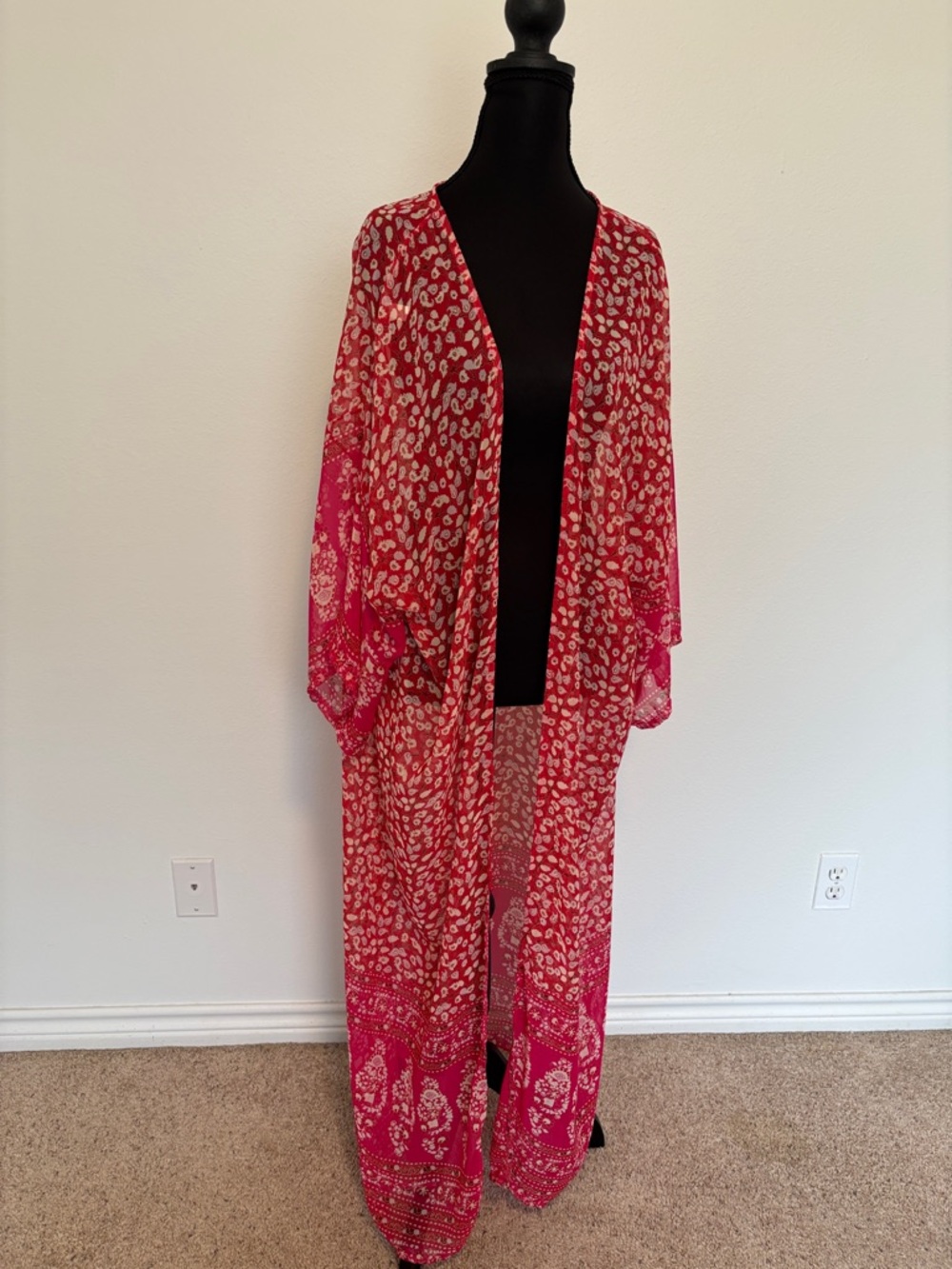 Red Printed Sheer Duster Kimono